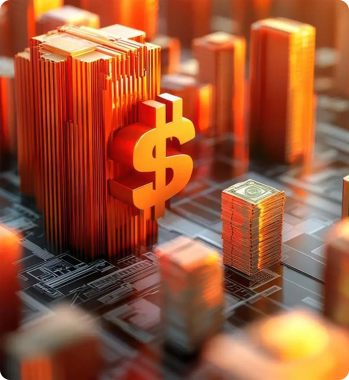 A city of orange towers around a dollar sign
