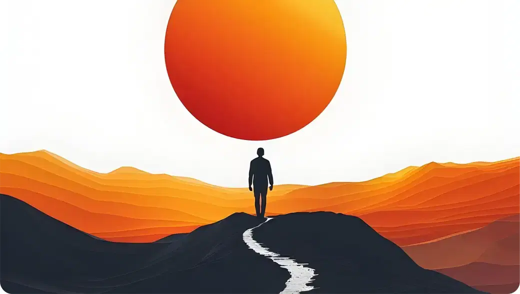 A figure walking a winding path toward an orange sun