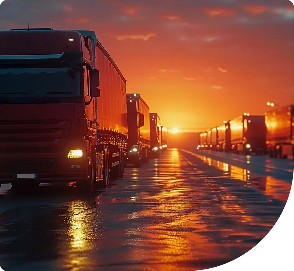 A convoy of trucks on a wet highway at sunset