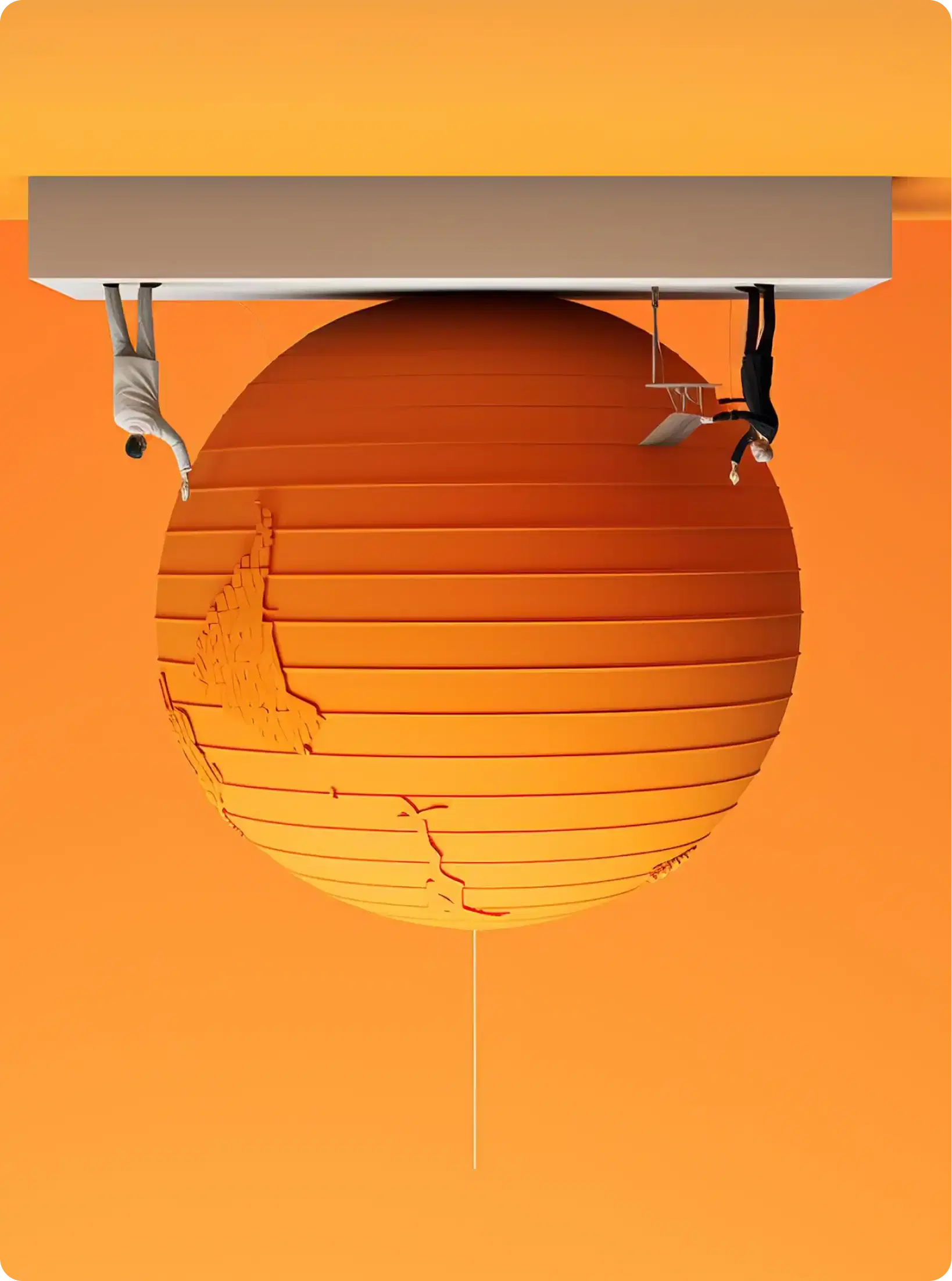 A paper lantern hanging below a ceiling, lit from within