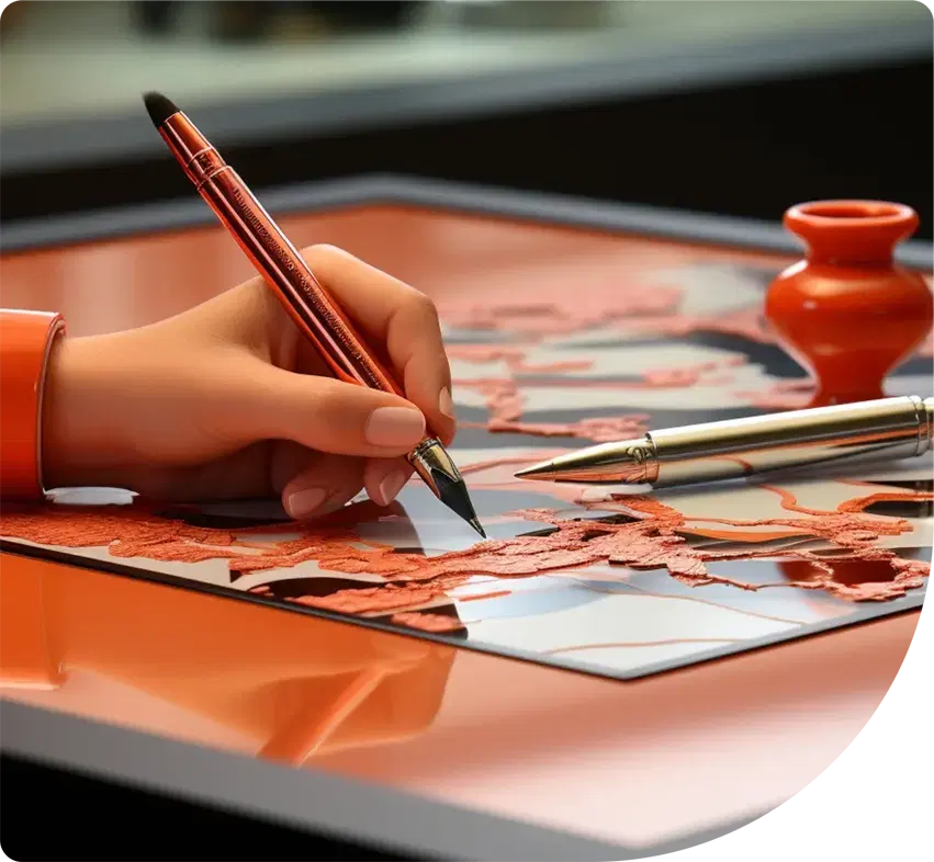 A hand drawing a coastline with a copper pen