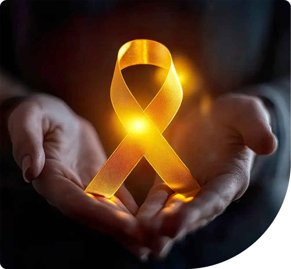 Cupped hands holding a glowing gold ribbon
