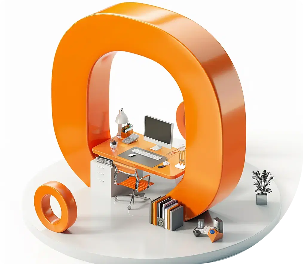 An orange letter O sheltering a small desk and chair