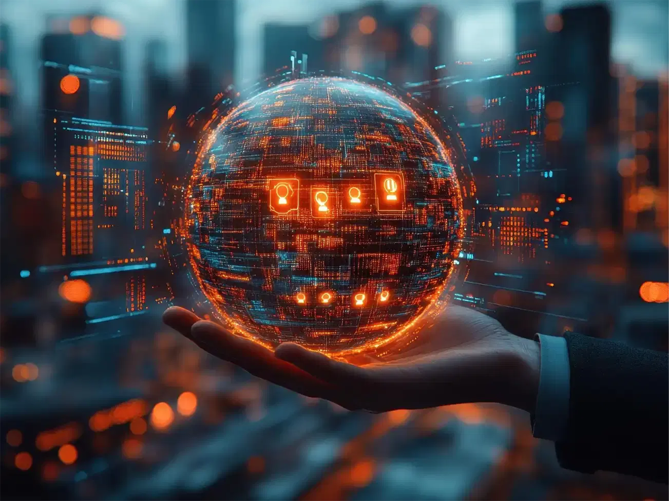 An open hand holding a glowing digital globe above a city at night