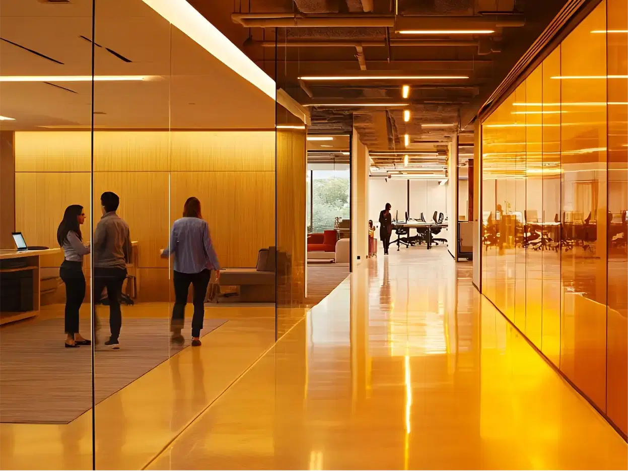 Colleagues walking a glass-walled office corridor in amber light