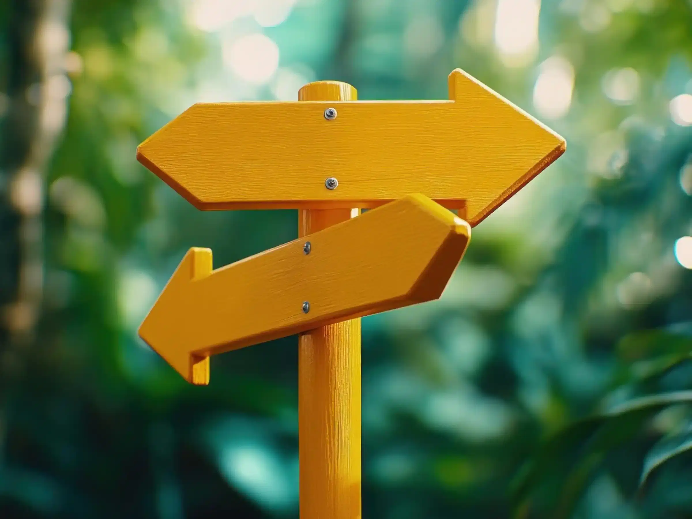 A yellow wooden signpost with two arrows pointing opposite ways