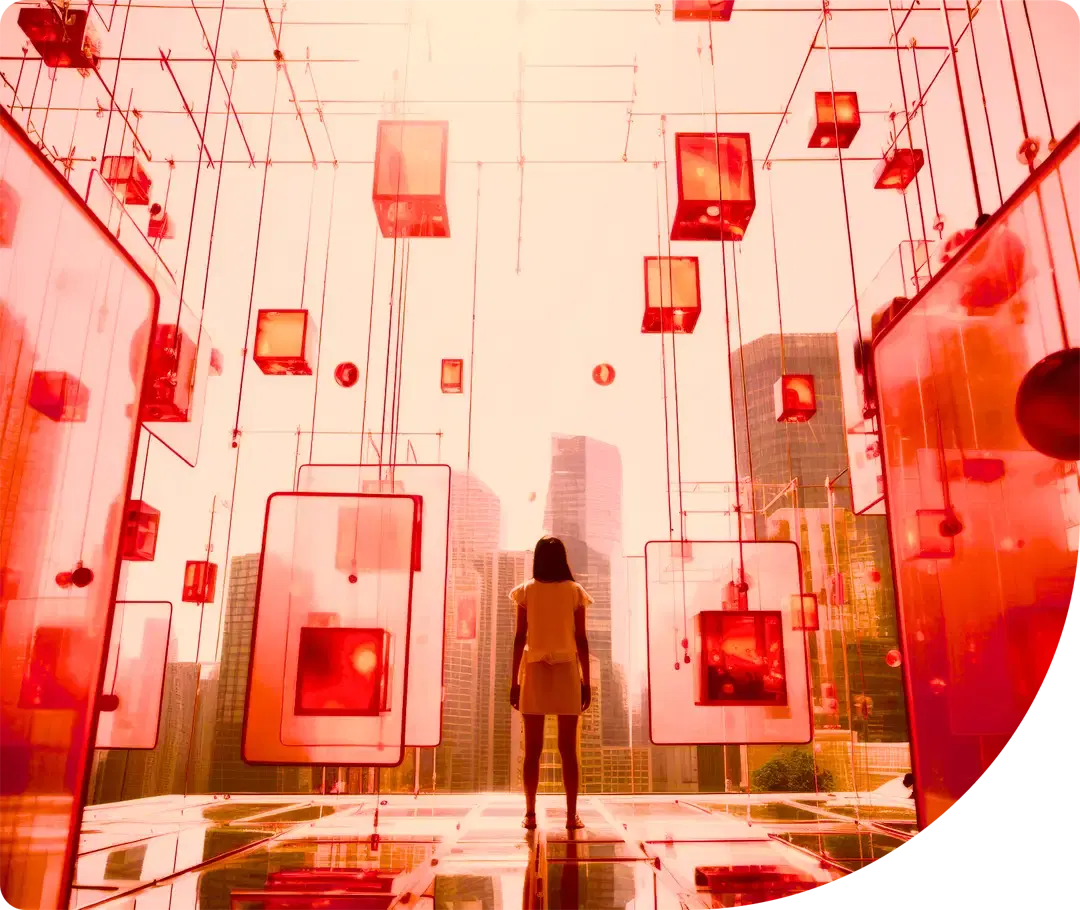 A woman standing in a hall of suspended red screens