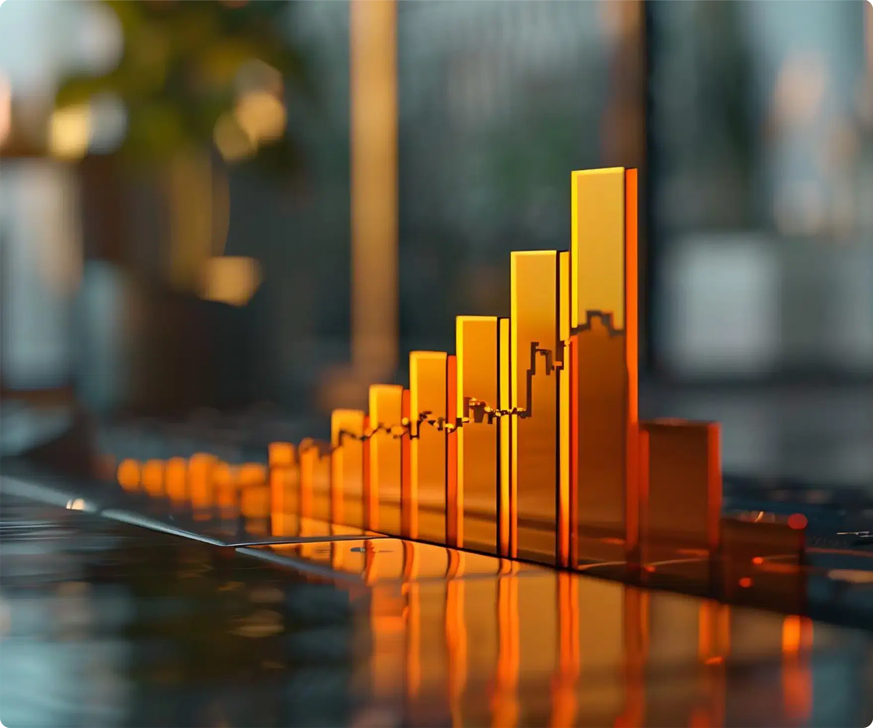 A rising bar chart rendered in amber glass on a desk
