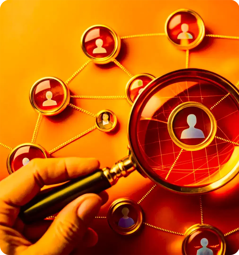 A magnifying glass over a network of people