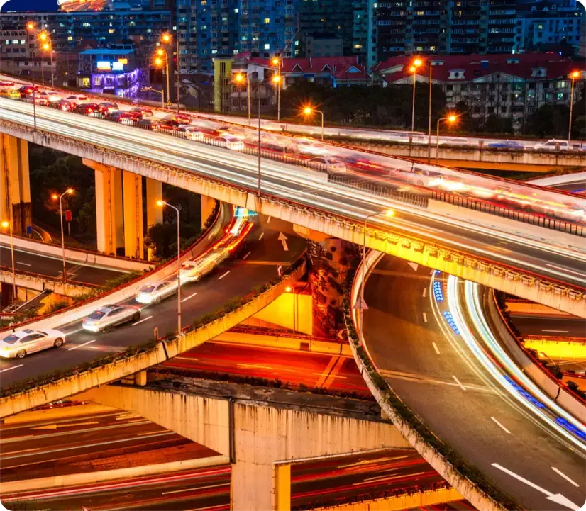 A lit motorway interchange at night