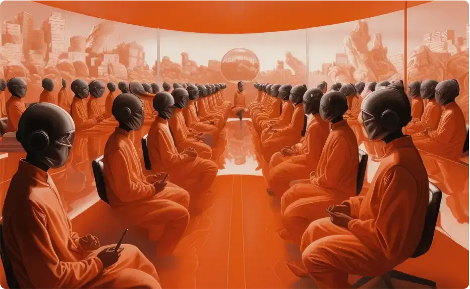 A boardroom of masked figures seated around a long table