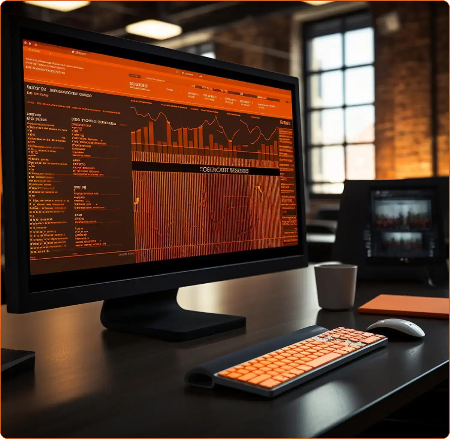 A monitor on a studio desk showing an orange analytics dashboard