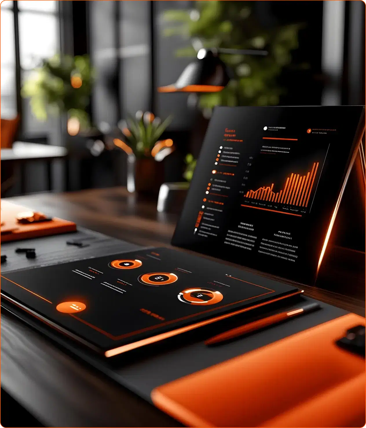 Two dark tablets on a desk showing orange charts and progress dials
