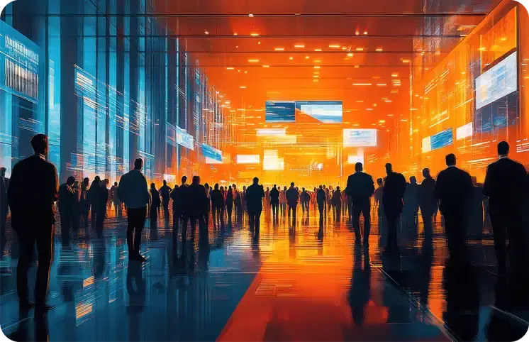 A crowd crossing a conference hall lit in orange