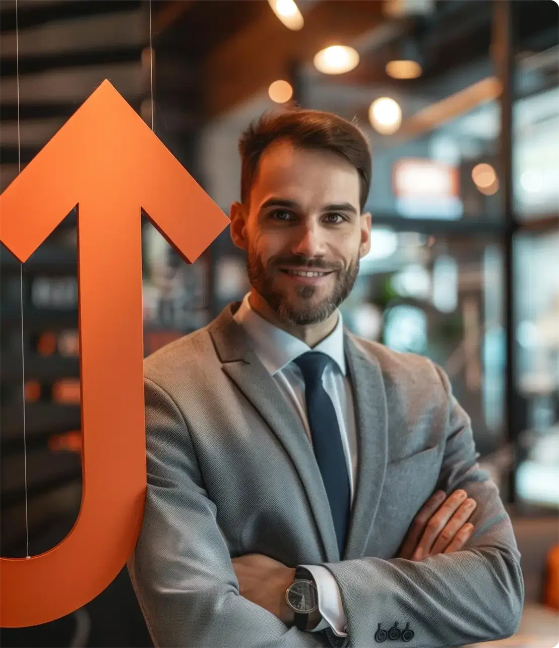A smiling businessman with his arms crossed beside an orange arrow graphic