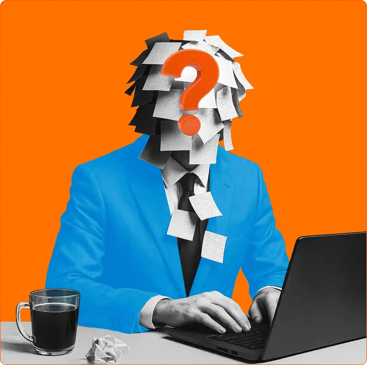 A figure at a laptop whose head is a heap of sticky notes around an orange question mark